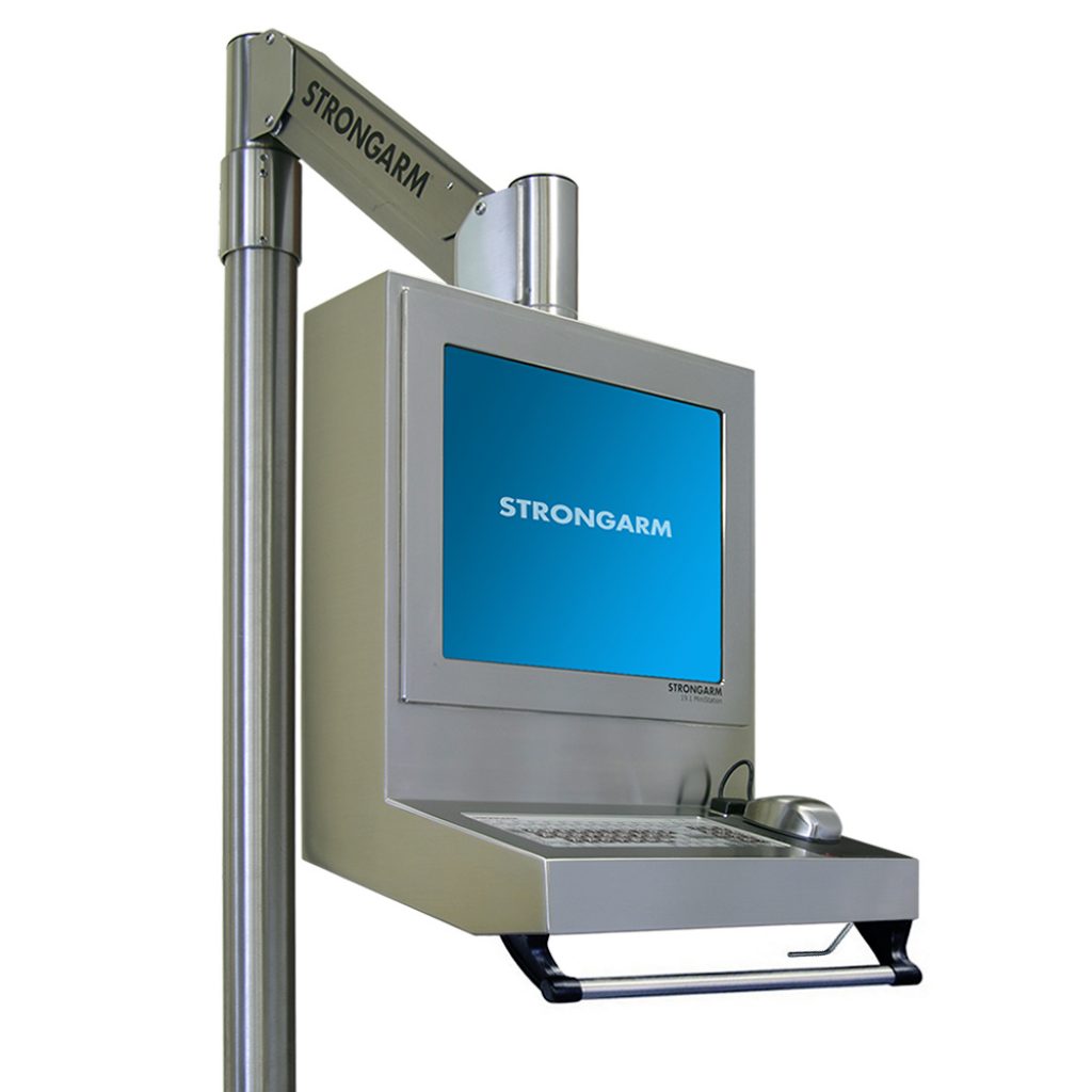 The Strongarm MINISTATION™ is an industrial computer workstation with a monitor, keyboard, and mouse mounted on a gas spring-assisted articulating metal arm. The screen displays the STRONGARM logo on a blue background.