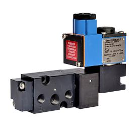 Pneumatrol Type C15 Series Solenoid Valve—NAMUR mounted—features a blue pneumatic actuator, black body, and red warning label for controlling liquid or gas flow in NAMUR standard applications.