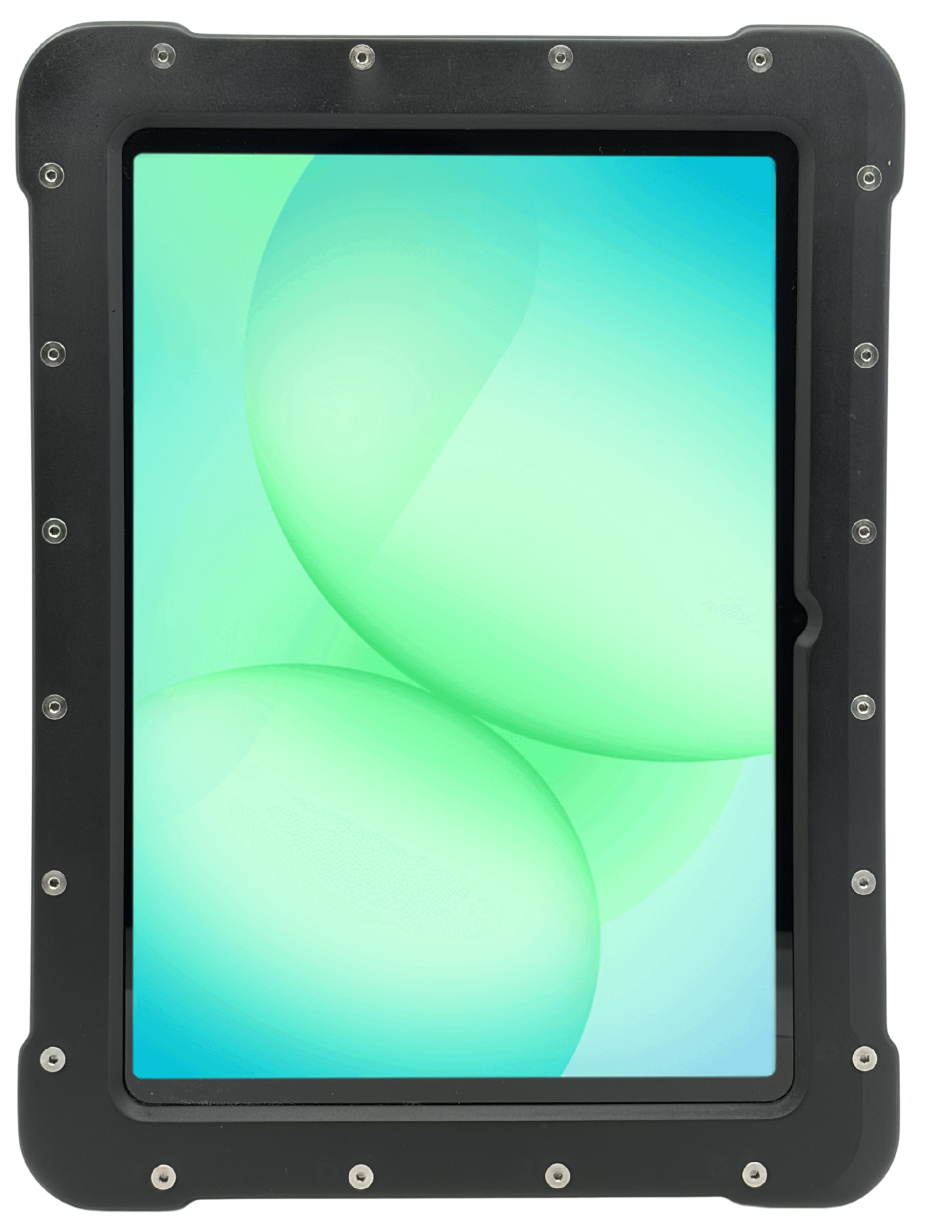 The Armadex Zone 2/22 Ex UniCase - Galaxy Tab S10 FE is a rugged black ATEX certified tablet with a thick, impact-resistant frame and a screen showing a green and blue abstract background.