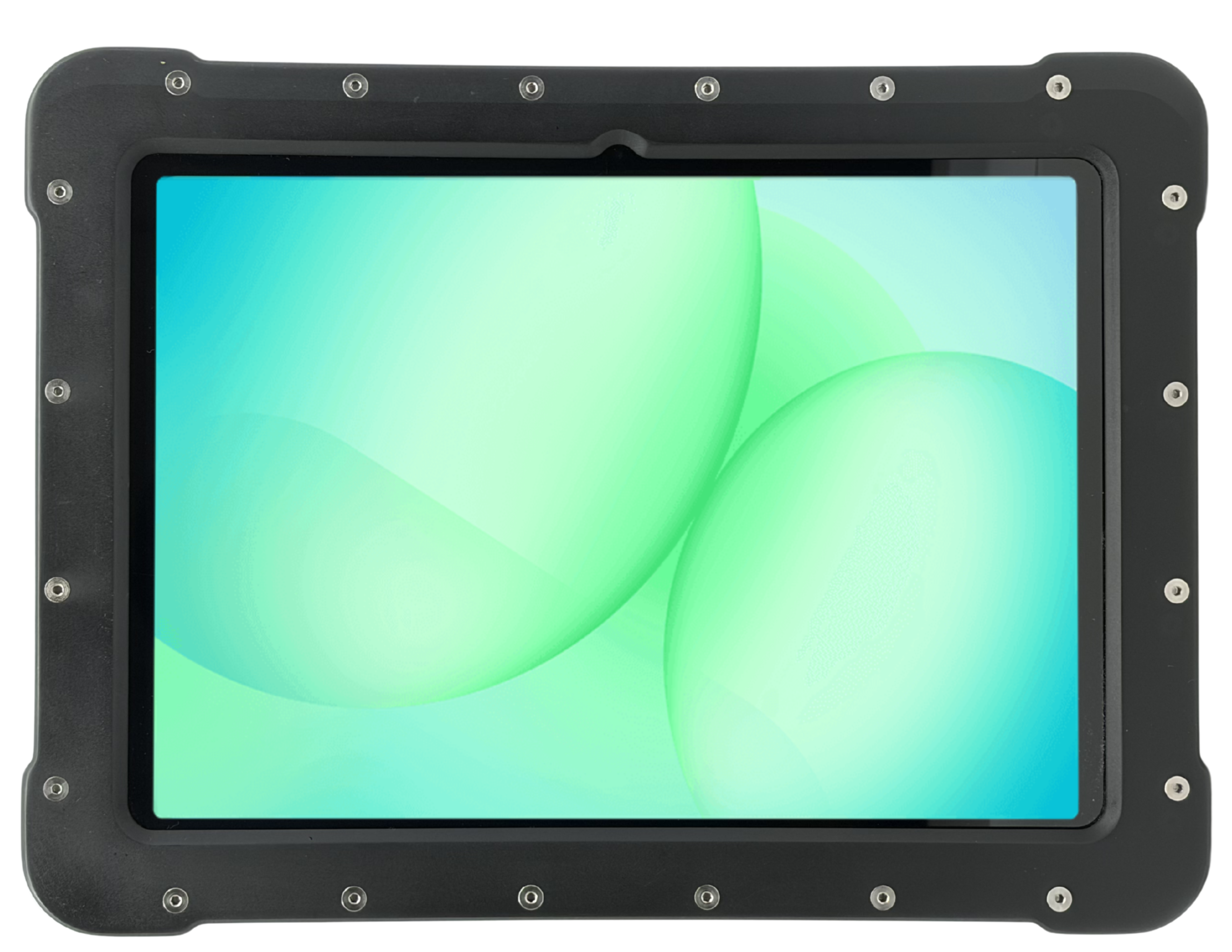 The Armadex Zone 2/22 Ex UniCase - Galaxy Tab A11+ is a rugged tablet featuring an impact-resistant body, thick black protective case, and a screen showing a green abstract background.