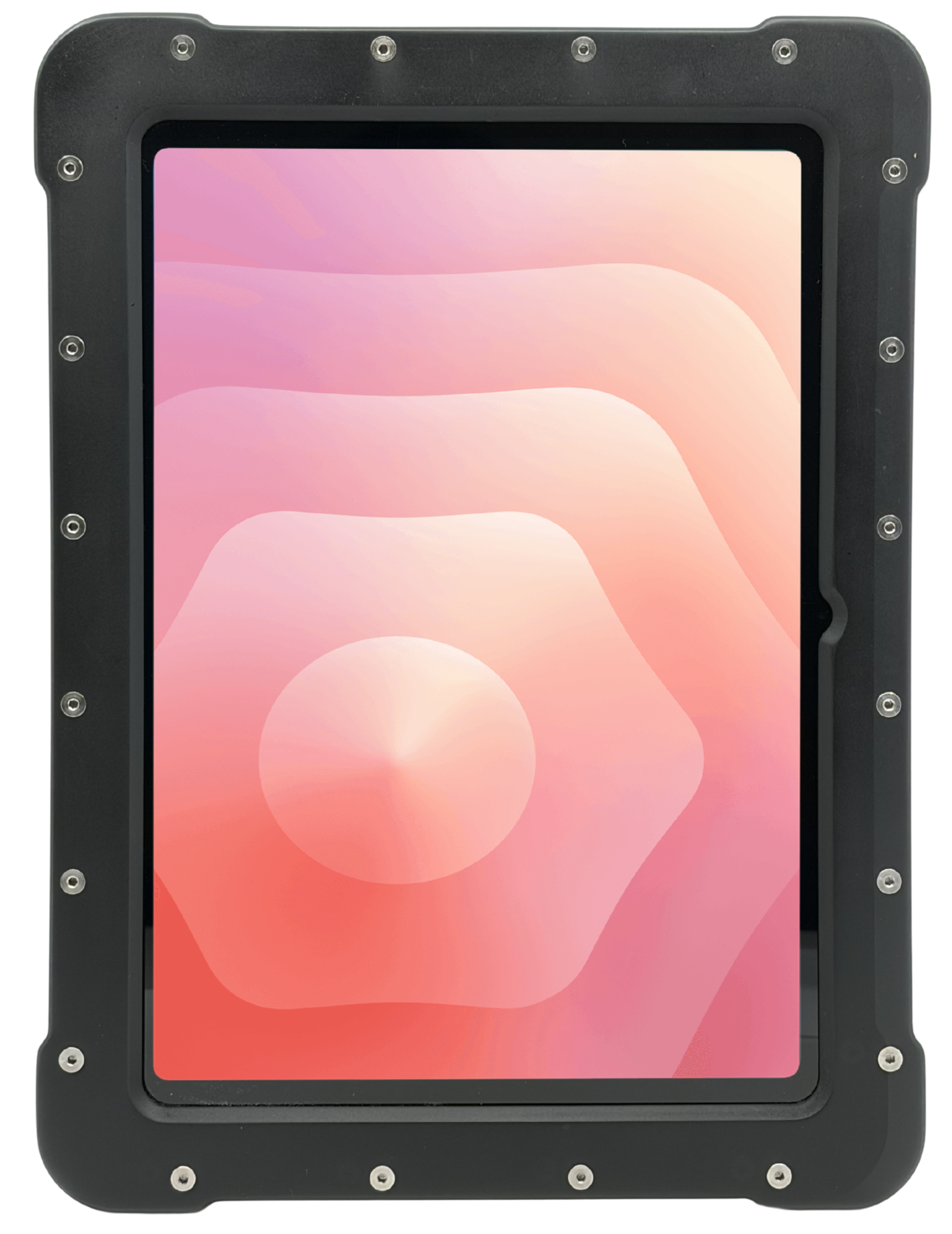 The Armadex Zone 2/22 Ex UniCase for Galaxy Tab S11 encloses a tablet with a pink abstract background in a rugged black case, featuring an impact-resistant body and visible screws for enhanced protection.