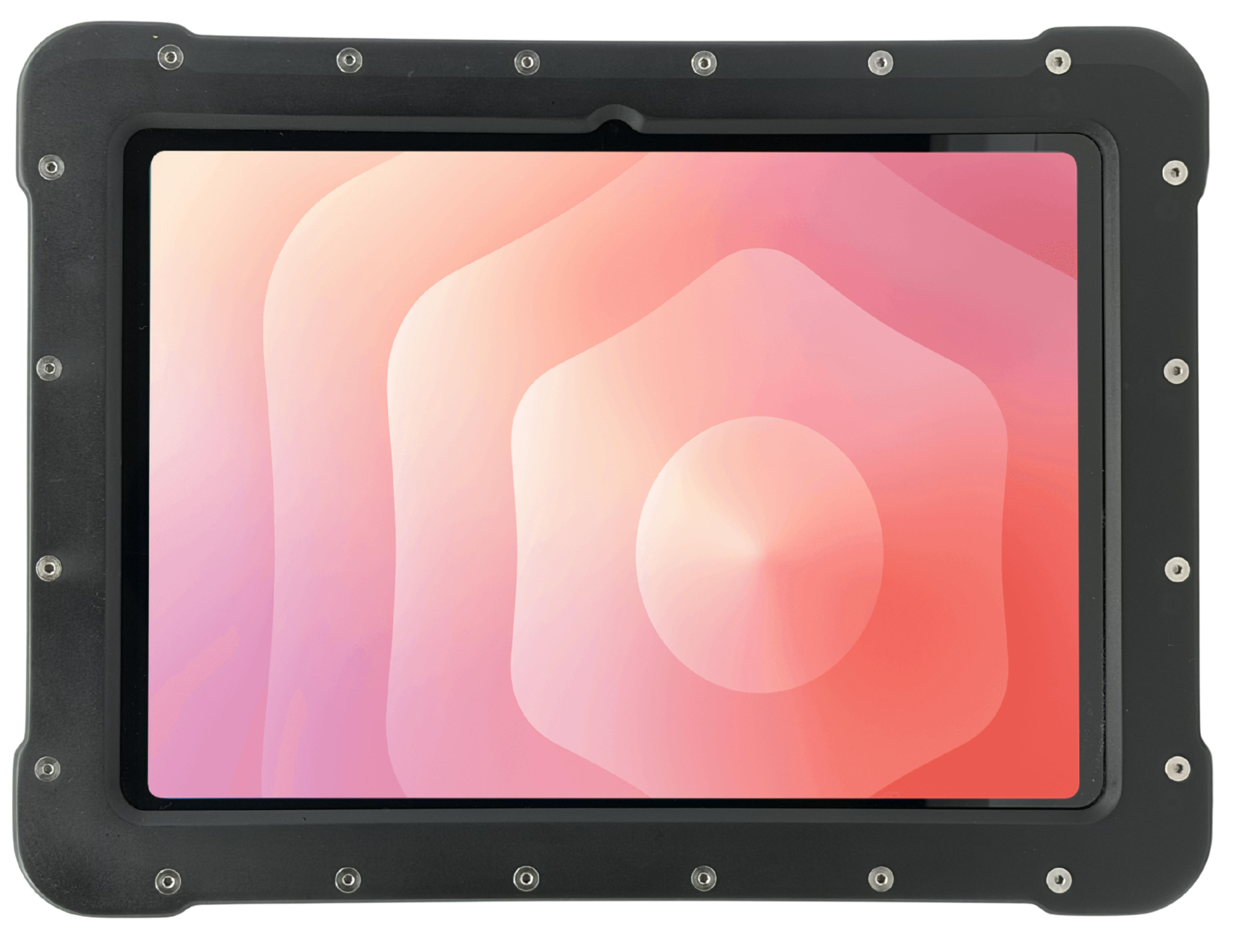 The Armadex Zone 2/22 Ex UniCase for Galaxy Tab S11 is a tablet with an impact-resistant body in a rugged black case and shows a pink abstract pattern on its screen.