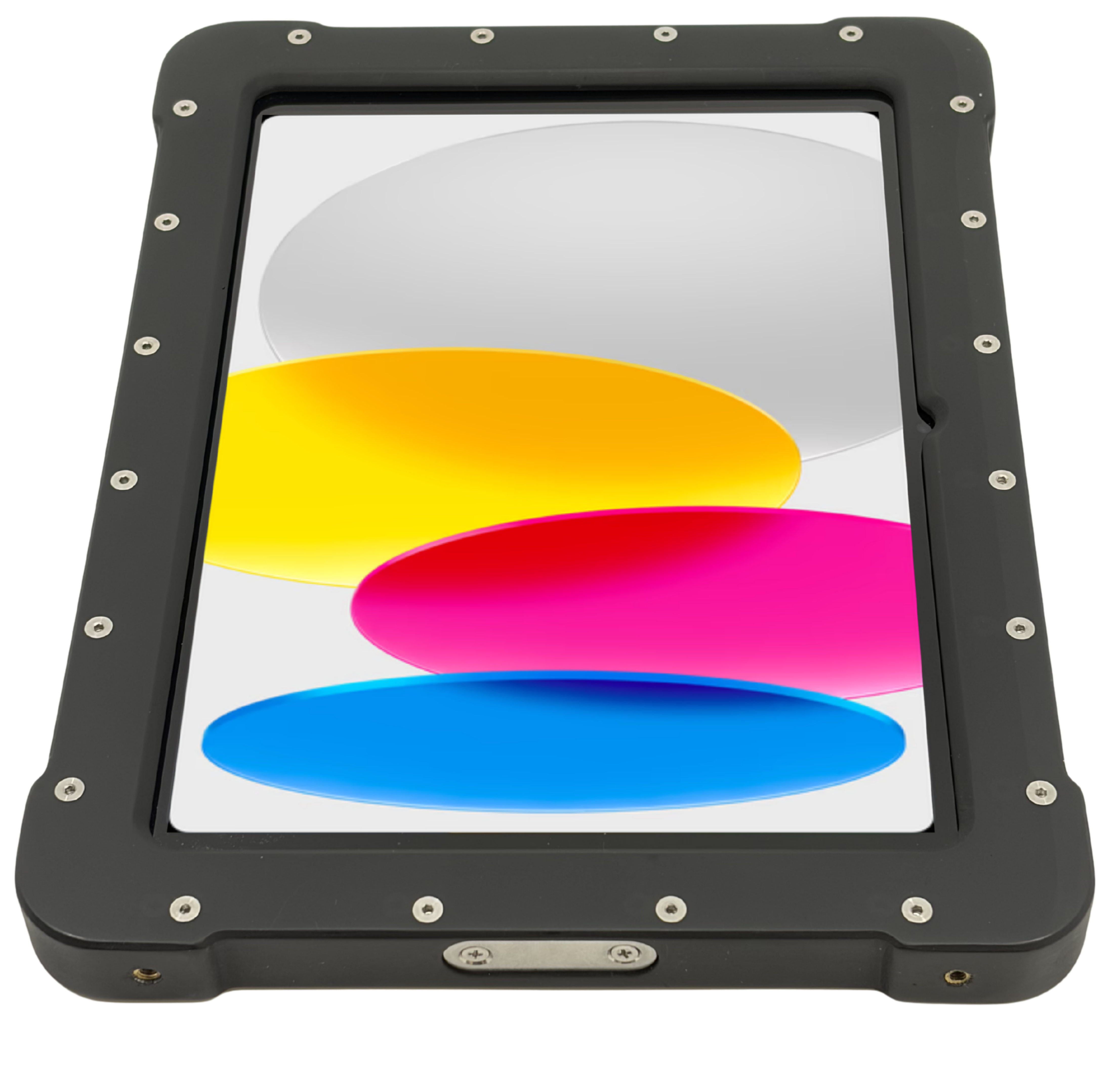 The Armadex Zone 2/22 Ex UniCase - iPad (A16), featuring an impact-resistant body and a rugged black case, displays overlapping gray, yellow, magenta, and blue ovals on its screen.