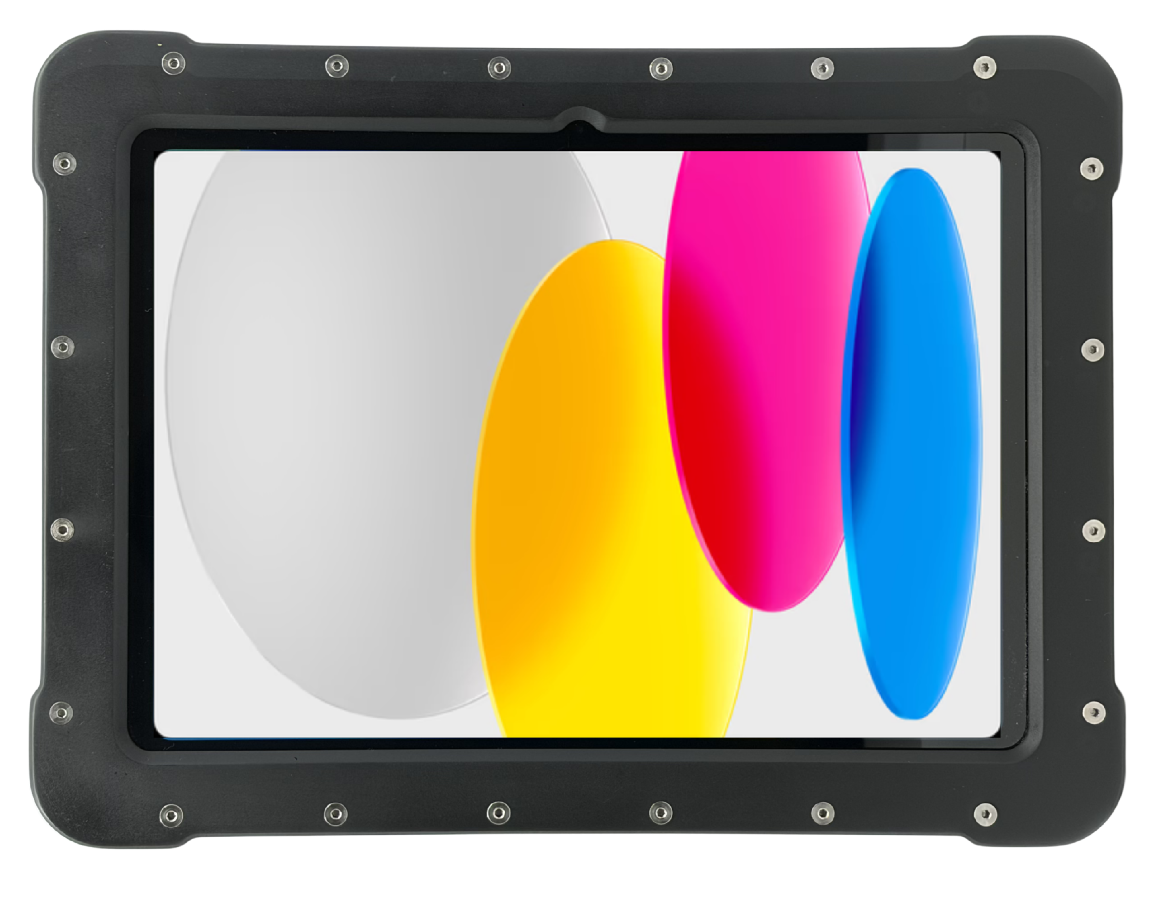 The Armadex Zone 2/22 Ex UniCase - iPad (A16), a rugged tablet with an impact-resistant body, displays large overlapping ovals in white, yellow, magenta, and cyan on its screen.