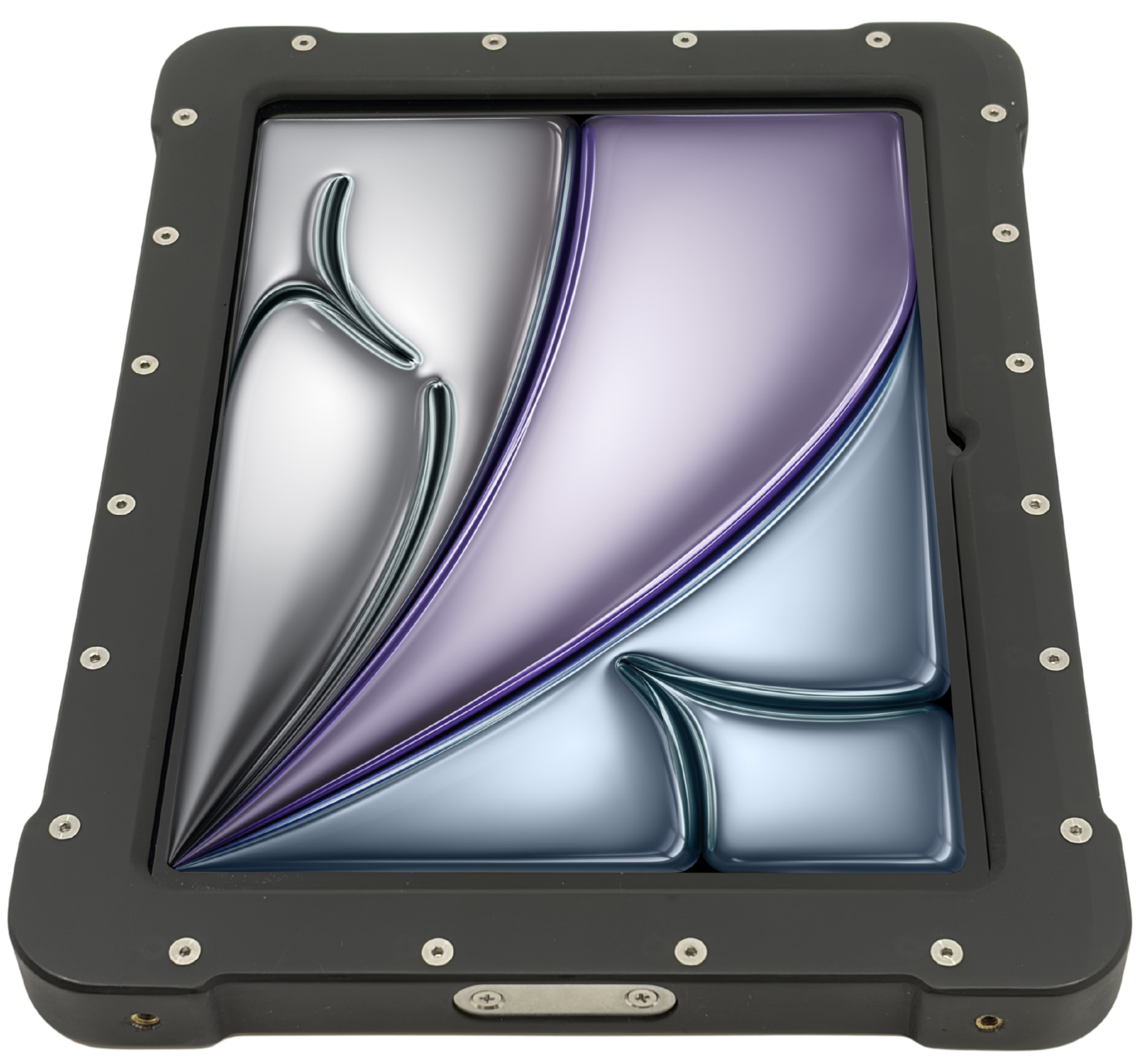 The Armadex Zone 2/22 Ex UniCase for iPad Air (M3, 2025) features a rectangular black frame and impact-resistant body with a glossy, abstract metallic design in silver, blue, and purple tones.