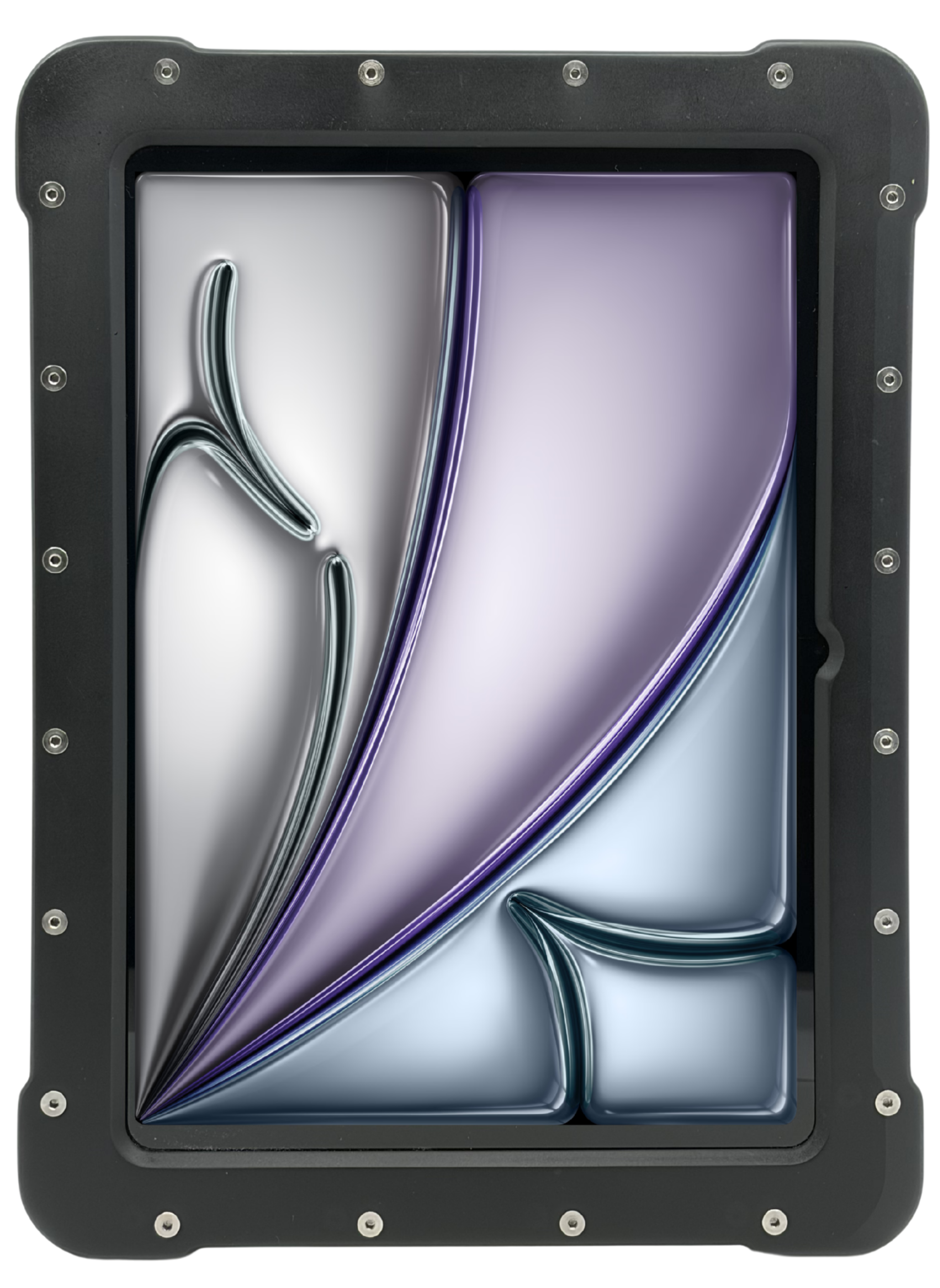 The Armadex Zone 2/22 Ex UniCase for iPad Air (M3, 2025) features a rectangular black frame showcasing an abstract metallic design with silver, purple, and blue curves—powered by the advanced Apple A16 processor.