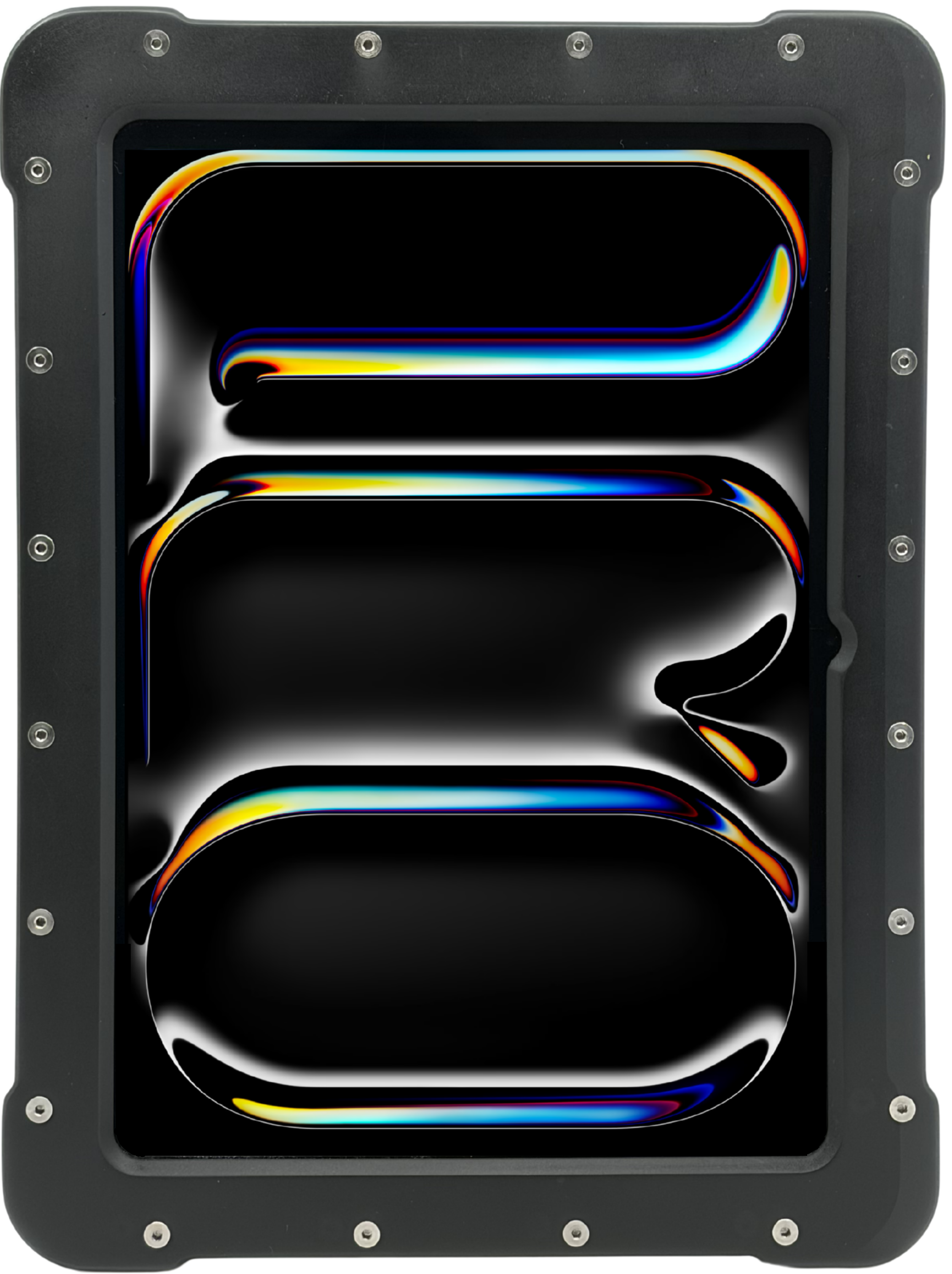 The Armadex Zone 2/22 Ex UniCase for iPad Air (M4, 2025) features a rugged, impact-resistant black exterior with metallic bolts and showcases a glossy abstract design of curved black shapes outlined in rainbow highlights.