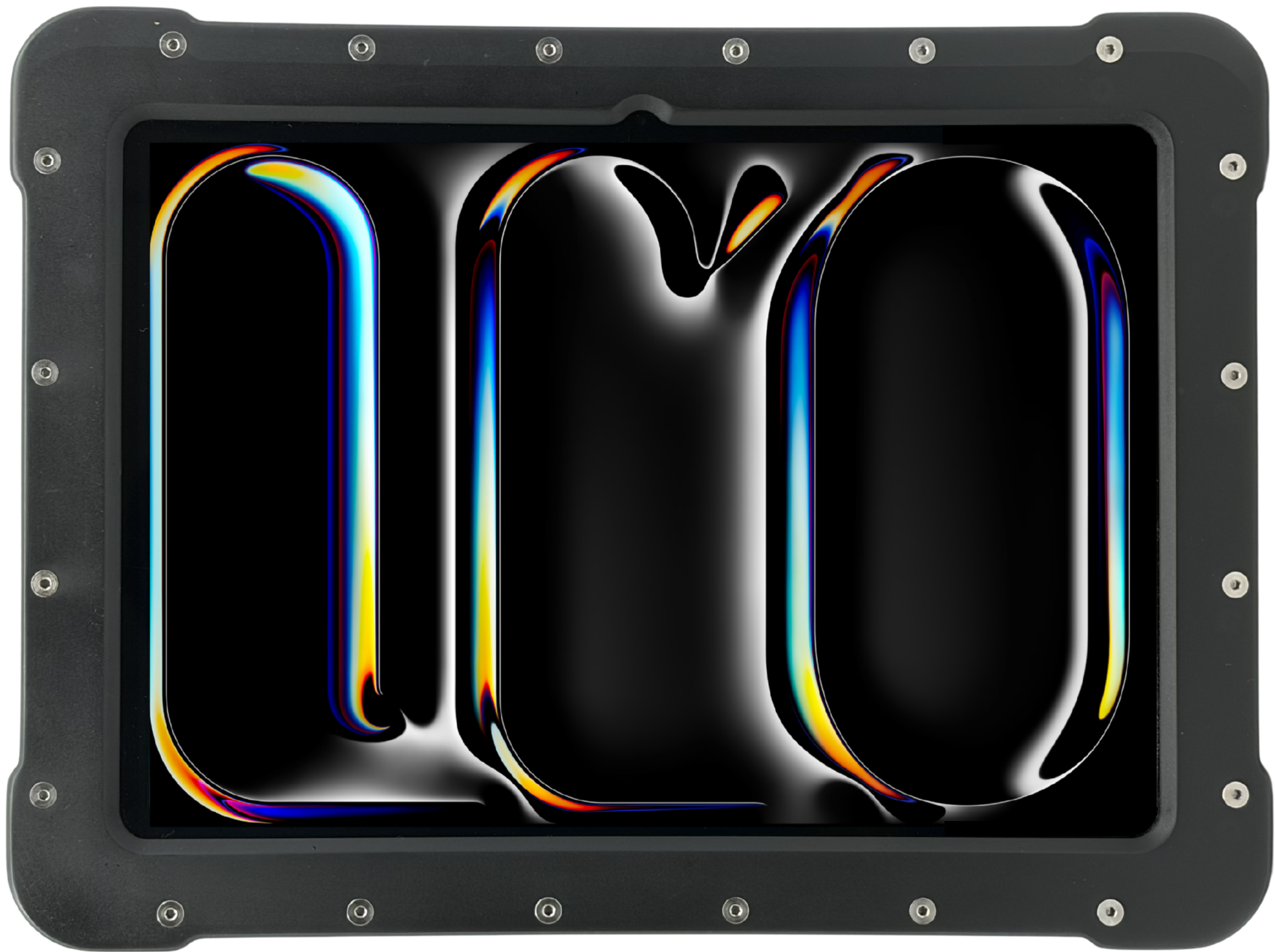 The Armadex Zone 2/22 Ex UniCase for iPad Air (M4, 2025) is a rugged, impact-resistant black frame featuring the number "100" in a glossy, rainbow-gradient font on a black background.