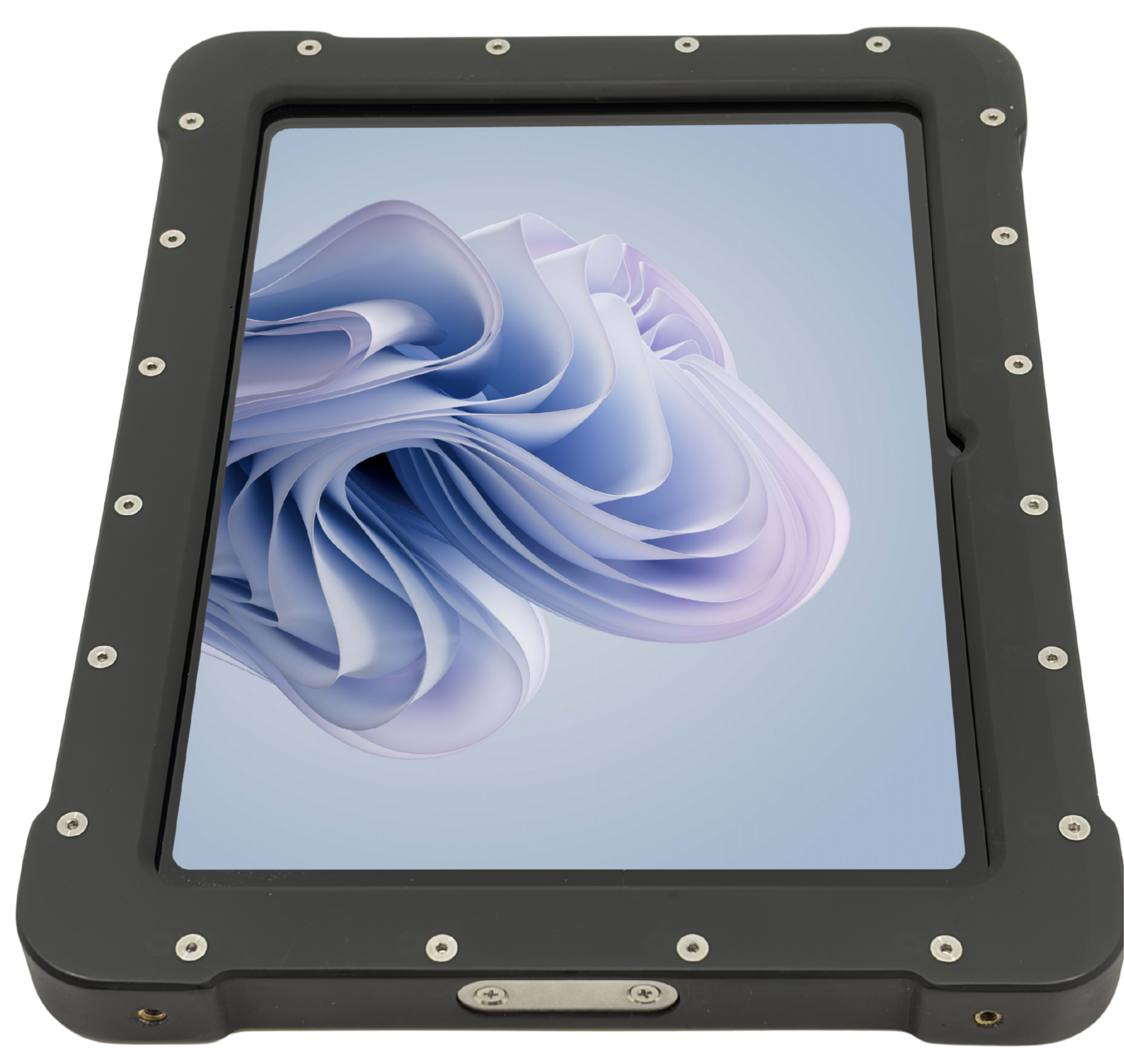 The Armadex Zone 2/22 Ex UniCase for Surface Go features an impact-resistant black frame and showcases a digital abstract design on its screen.