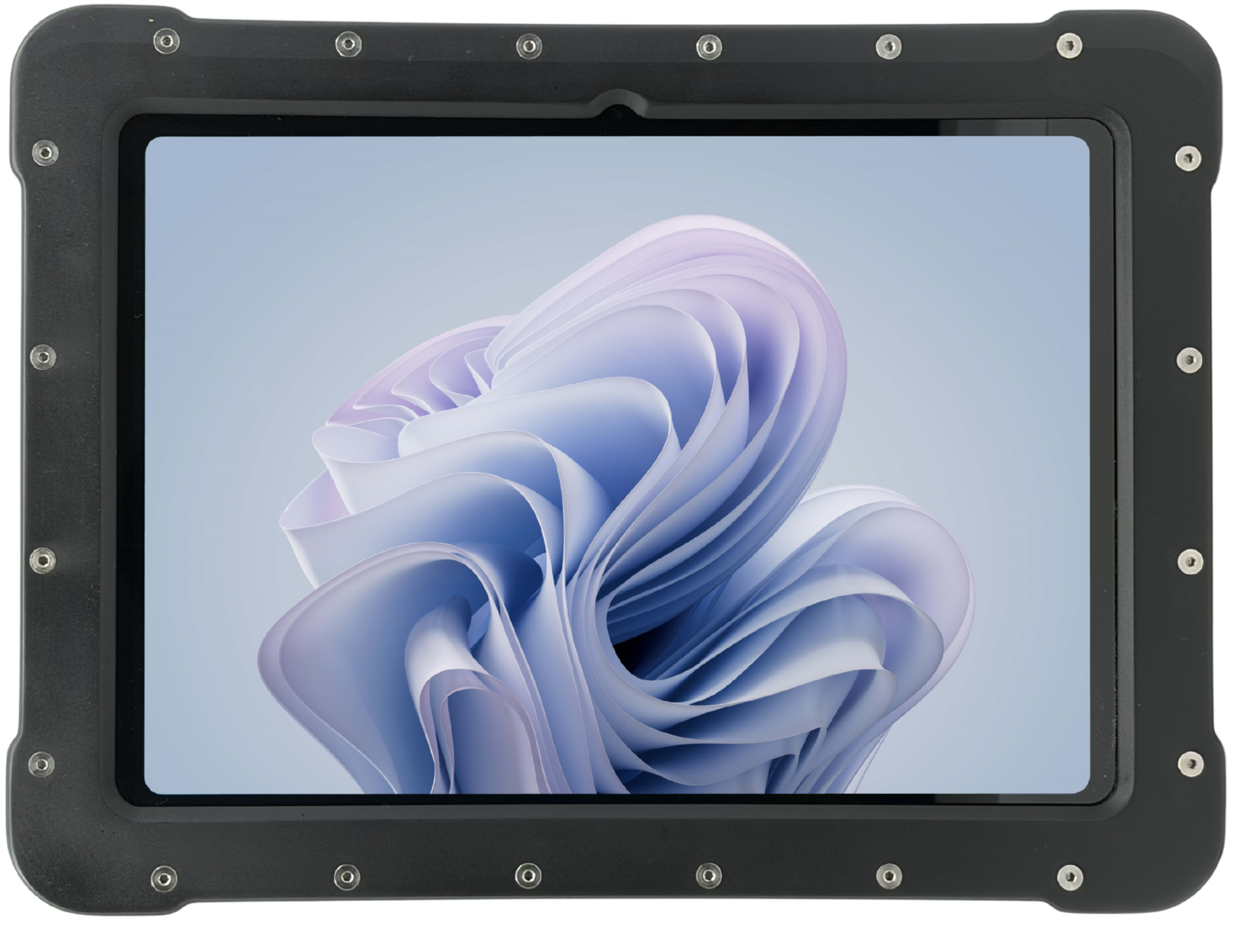 The Armadex Zone 2/22 Ex UniCase - Surface Go is a rugged tablet with an impact-resistant, thick black casing, displaying a light abstract design on its screen.