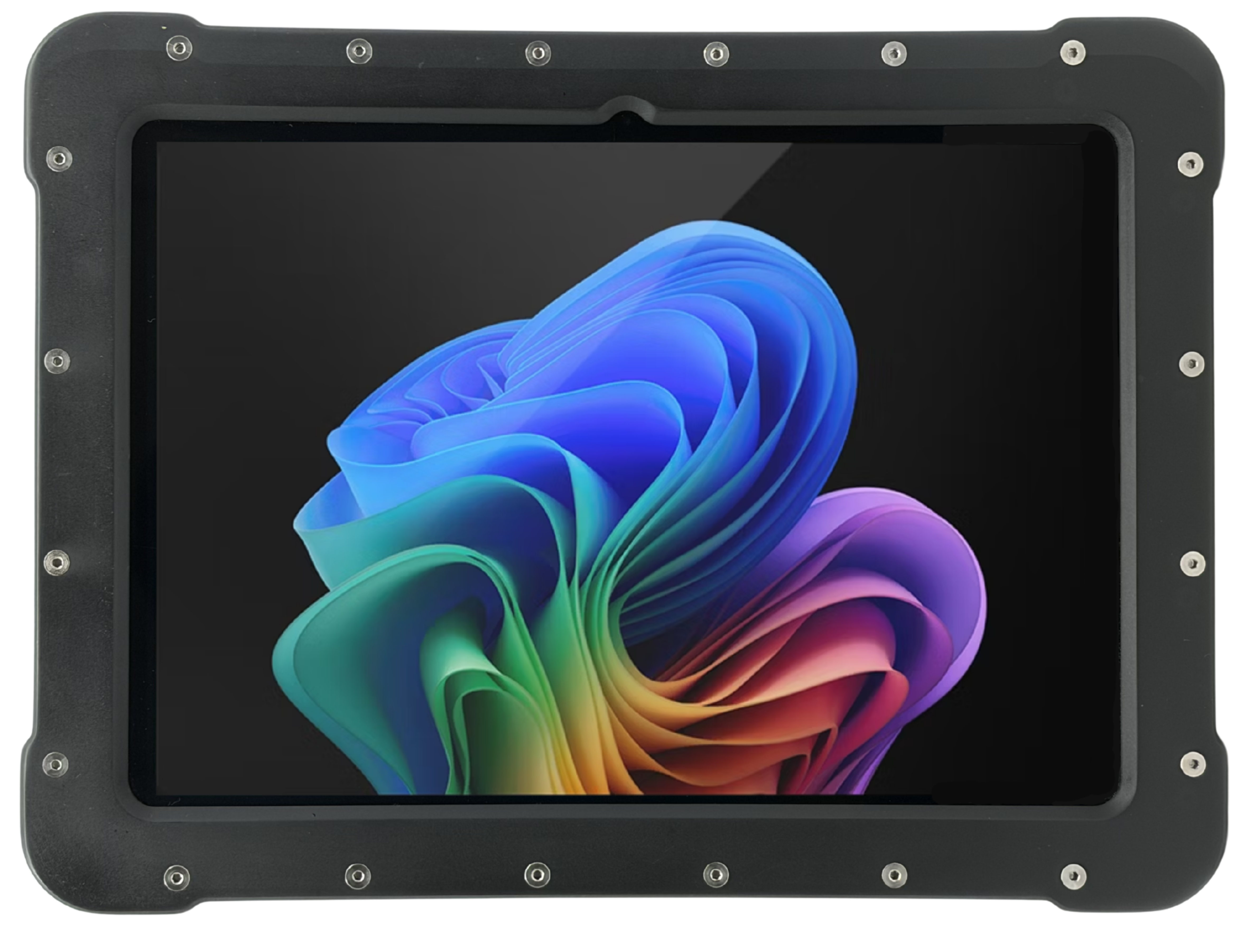 The Armadex Zone 2/22 Ex UniCase - Surface Pro is a rugged tablet with a black protective frame, featuring the Universal UniCase platform and displaying a colorful abstract design on its screen.